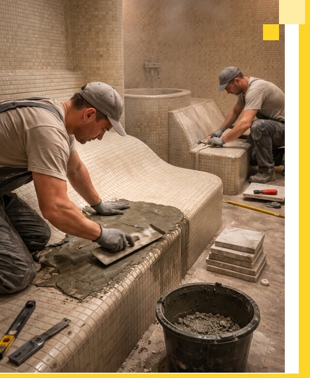 Лежаки для хамама под ключ в Боре, проект и монтаж